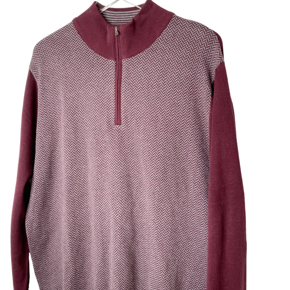 NWT Alan Flusser Quarter Zip Herringbone Knit Sweater Burgundy XL - Picture 4 of 11